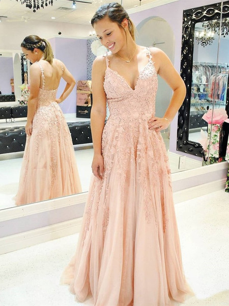 Spaghetti Straps Lace Appliques A Line V Neck Pink Prom Dress
