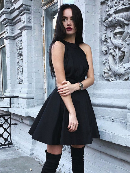 Shop 2019 Black A Line Round Neck Pleated Satin Homecoming Dress