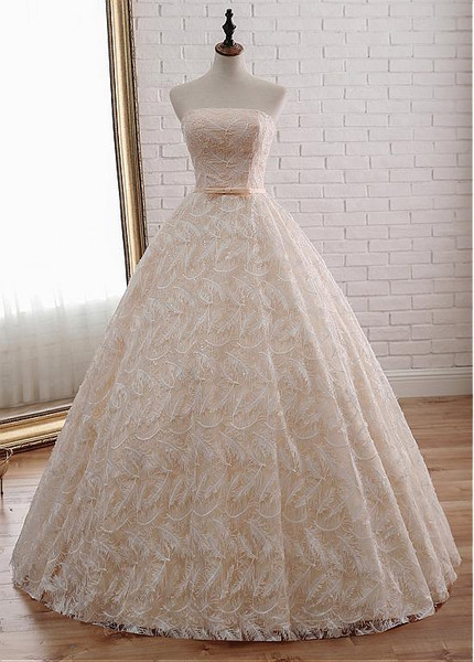 Peach Lace Strapless Long Wedding Dress With Belt