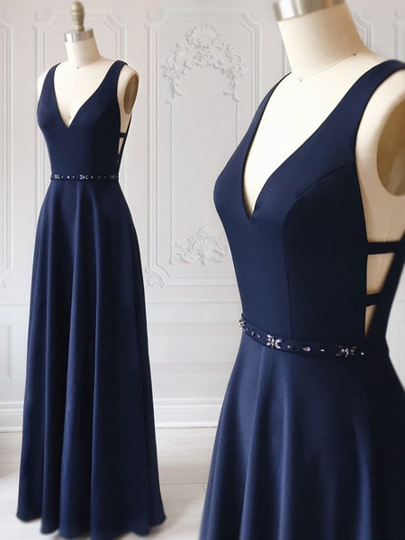 Cheap 2019  Dark Navy Blue Long A Line V Neck Prom Dresses with Beading Belt