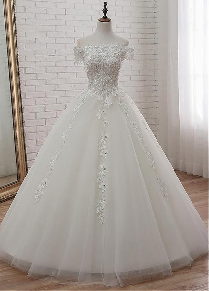 Beading Tulle Off-the-shoulder Ball Gown Wedding Dress
