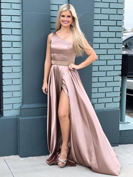 A-Line Princess Beading One-Shoulder Sleeveless Satin Prom Dresses