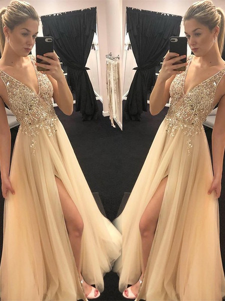 Shop 2019 Champagne Princess V-neck Sleeveless Floor-Length Beading Tulle Prom Dresses