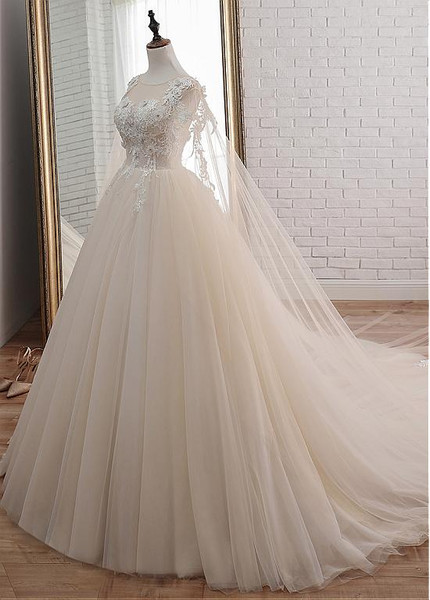 Champagne Jewel Neckline Ball Gown Wedding Dress with shawl