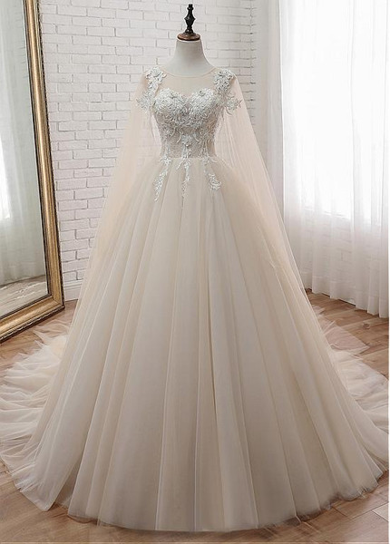 Champagne Jewel Neckline Ball Gown Wedding Dress with shawl