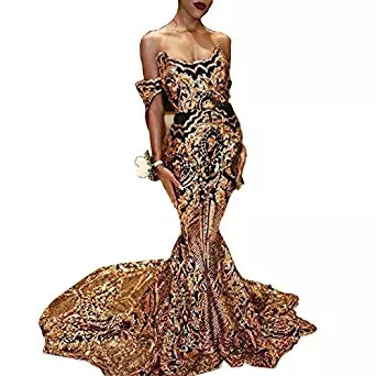  Gold Bling Bling Sequined Off The Shoulder Mermaid Prom Evening Dress
