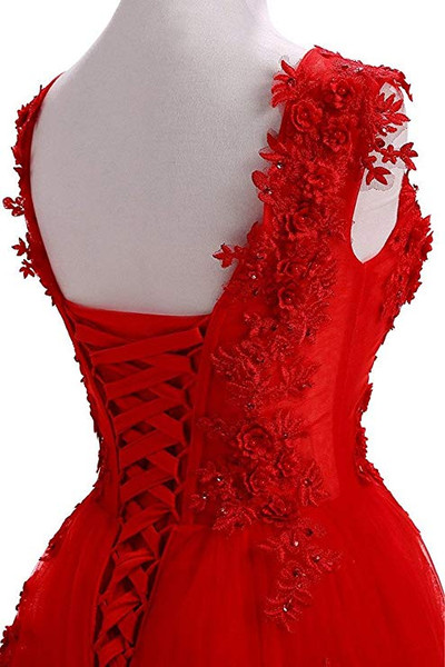 Blue Lace Appliques Scoop Collar Tulle A-Line Prom Dresses