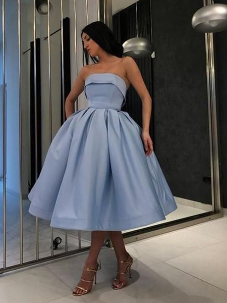 Ball Gown Satin Ruffles Strapless Blue Tea-Length Homecoming Dresses