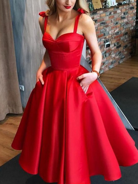 Shop 2019 Princess Satin Bowknot Straps Red Tea-Length Homecoming Dresses