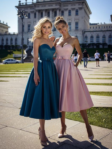 Shop 2019 Pink Satin Bowknot Sweetheart Tea-Length Homecoming Dresses
