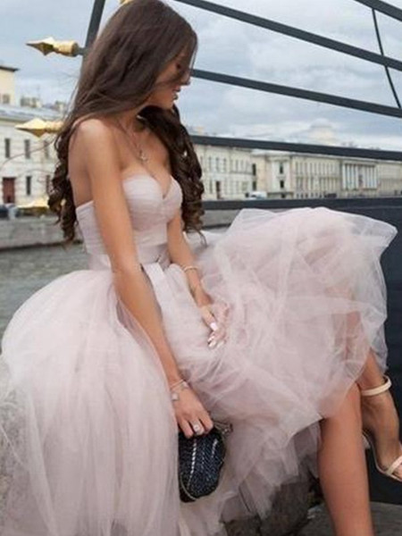 Princess Tulle Sash/Ribbon/Belt Sweetheart Pink Tea-Length Homecoming Dresses
