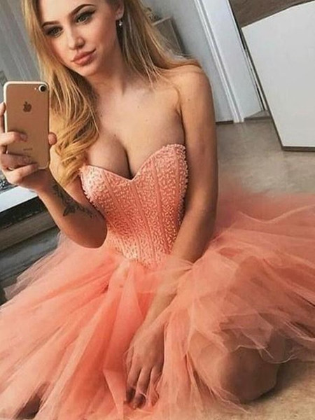 Shop 2019 A-Line Tulle Beading Sweetheart Pink Short/Mini Homecoming Dresses