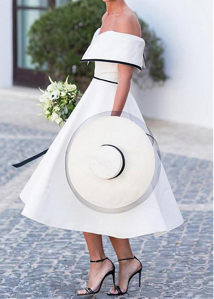 Tea-length A-line Satin Off-the-shoulder  Wedding Dress