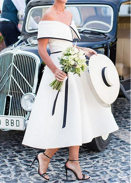 Tea-length A-line Satin Off-the-shoulder  Wedding Dress