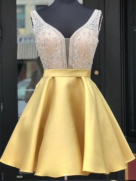 Cheap 2019 Princess Satin Beading V-neck Gold Short Mini Homecoming Dress