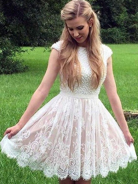 Champagne Princess Lace Pearls Sheer Neck Short Mini Homecoming Dress