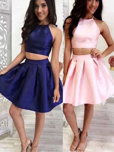 Shop 2019 A-Line Satin Ruffles Halter Pink Short Mini Two Piece Homecoming Dress