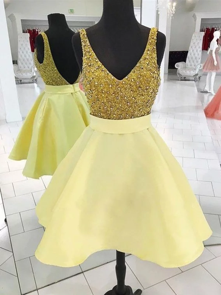 Cheap 2019  Beading Satin Yellow A-Line V-neck Cut Short Homecoming Dress