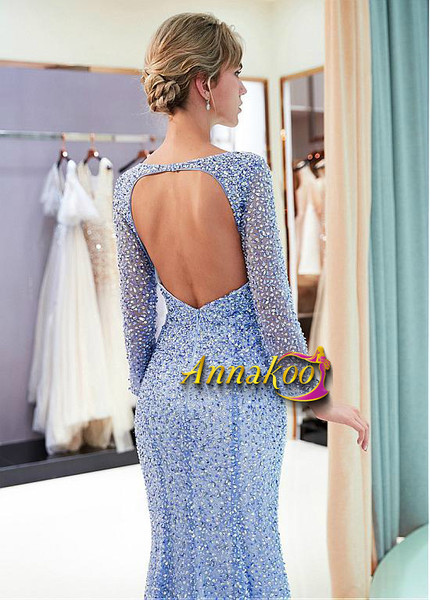 Beading Blue Tulle Scoop Neckline Mermaid Evening Dress 