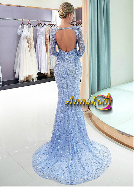 Beading Blue Tulle Scoop Neckline Mermaid Evening Dress 