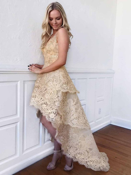 Sexy A Line V Neck High Low Gold Lace Prom Dress