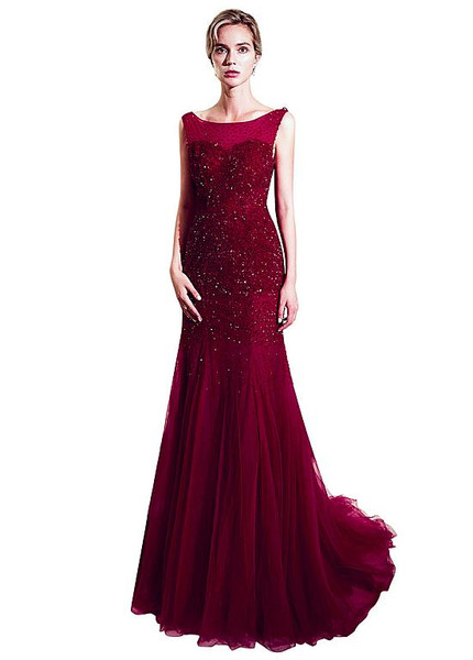 Maroon Tulle Bateau Long Mermaid Evening Dress With Beadings