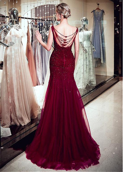 Maroon Tulle Bateau Long Mermaid Evening Dress With Beadings