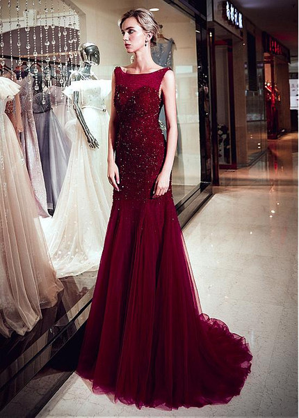 Maroon Tulle Bateau Long Mermaid Evening Dress With Beadings