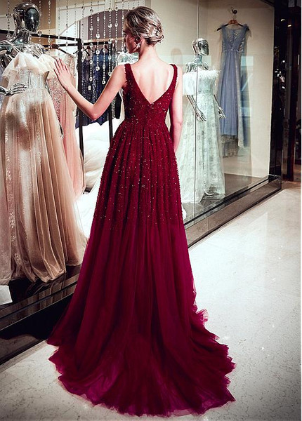 Burgundy Tulle V-neck Beading  A-line Evening Dress 