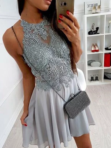 Cheap New A-Line Chiffon Halter Applique Gray Short/Mini Homecoming Dress