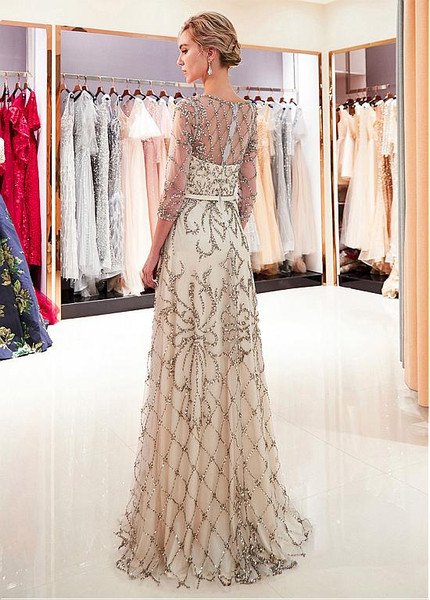 Champagne Tulle Bateau Long A-line Evening  Prom Dress