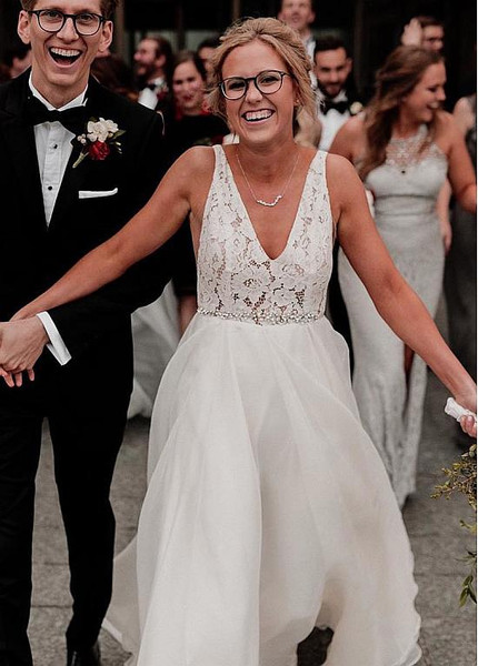 Cheap Shop Lace & Organza V-neck Backless A-line Wedding Dresses With Beadings