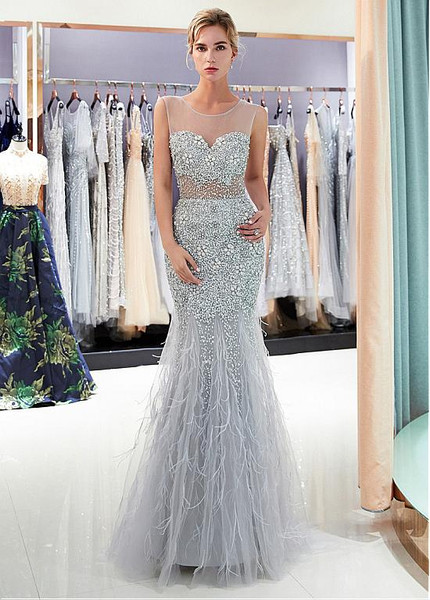 Silver Tulle Scoop Mermaid Evening Dress With Beadings & Feathers