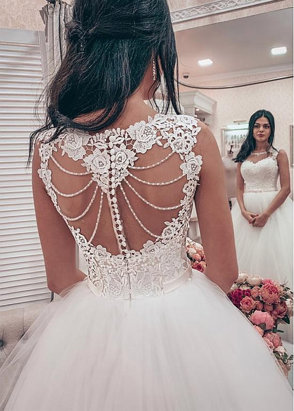 Shop Cheap Lace Appliques  Bowknot Tulle Jewel A-line Wedding Dresses  