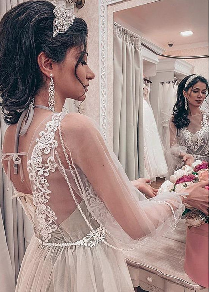 Cheap Shop Tulle Jewel  A-line Wedding Dresses With Lace Appliques & Detachable Jacket