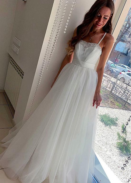Cheap Shop Tulle Spaghetti Straps A-line Wedding Dresses With Beadings & Belt