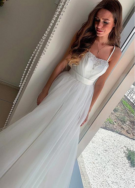 Cheap Shop Tulle Spaghetti Straps A-line Wedding Dresses With Beadings & Belt