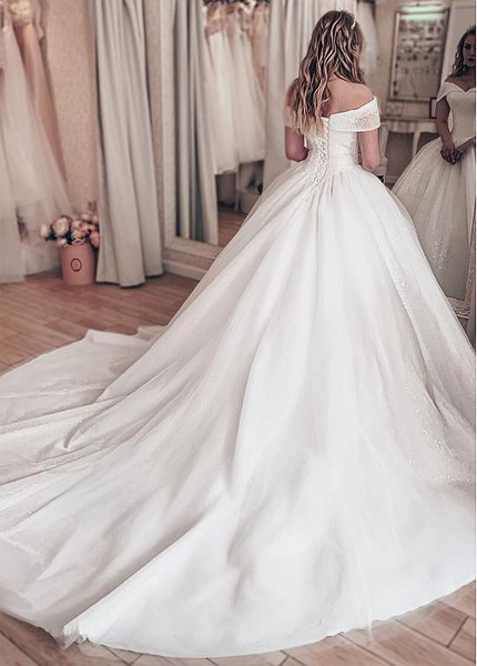 Cheap New Off-the-shoulder  Ball Gown Sparkling Tulle  Wedding Dress With Rhinestones
