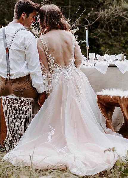 Shop Cheap Long Sleeves Tulle V-neck Lace Appliques A-Line Wedding Dress