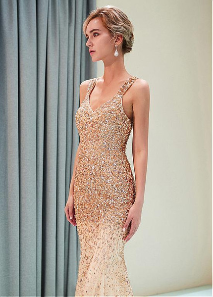 Gold Sheer Back Tulle V-neck Mermaid Formal Dress