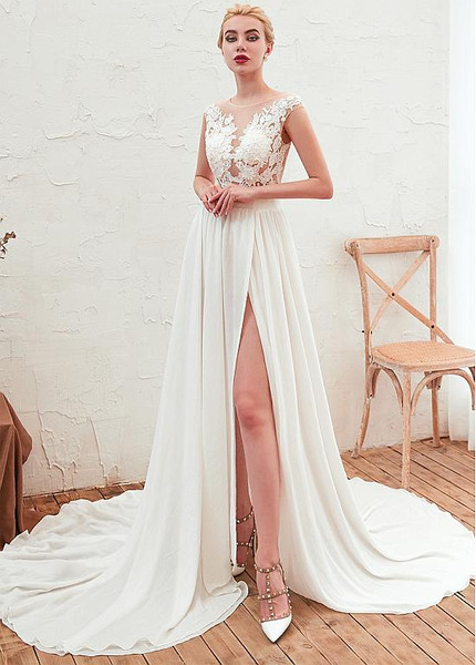 Shop Cheap Lace Appliques Beach Chiffon See Through Wedding Dress