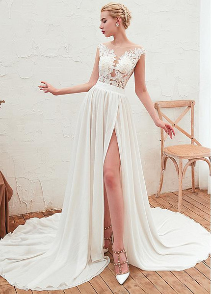 Shop Cheap Lace Appliques Beach Chiffon See Through Wedding Dress