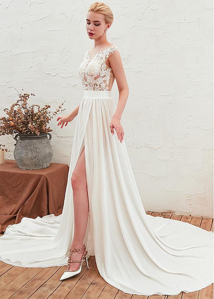 Shop Cheap Lace Appliques Beach Chiffon See Through Wedding Dress