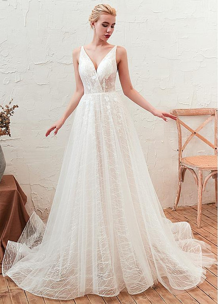 Shop Open Back Tulle V Neck Backless Zipper Full Lace Wedding Dresses with 3D Flower