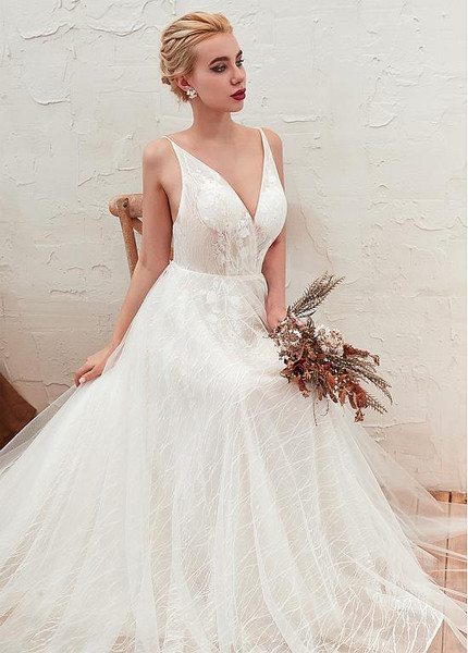 Shop Open Back Tulle V Neck Backless Zipper Full Lace Wedding Dresses with 3D Flower