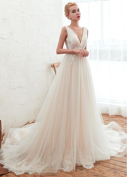 Shop Cheap Beaded Lace Backless Flower Tulle Long Appliques  A-line Wedding Dress