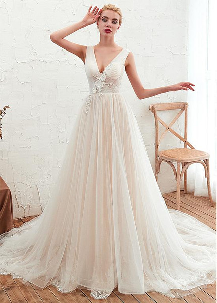 Shop Cheap Beaded Lace Backless Flower Tulle Long Appliques  A-line Wedding Dress