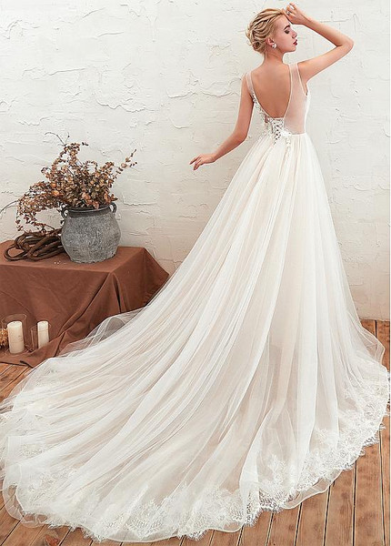 Shop Cheap Beaded Lace Backless Flower Tulle Long Appliques  A-line Wedding Dress