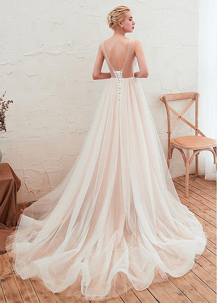 Shop Cheap Jewel See Through Airy Tulle Wedding Dress With Lace Appliques