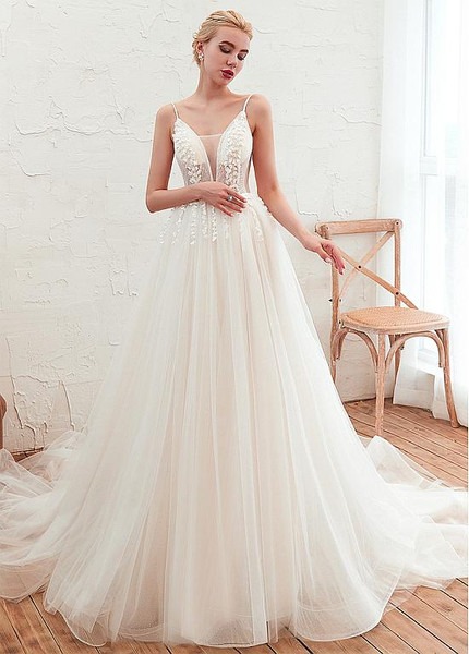 Spaghtetti Straps and Pleated Skirt Beach Wedding Dress